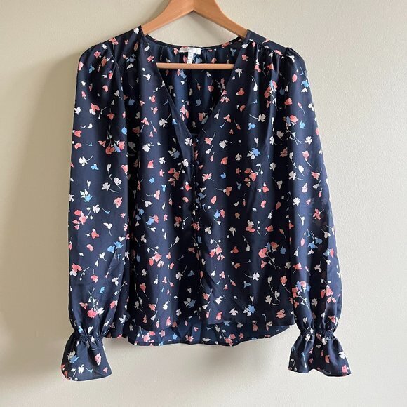 Joie Women's Bolona Blouse Long Sleeve Printed Navy Button Front Top‎ Size M - Picture 1 of 7